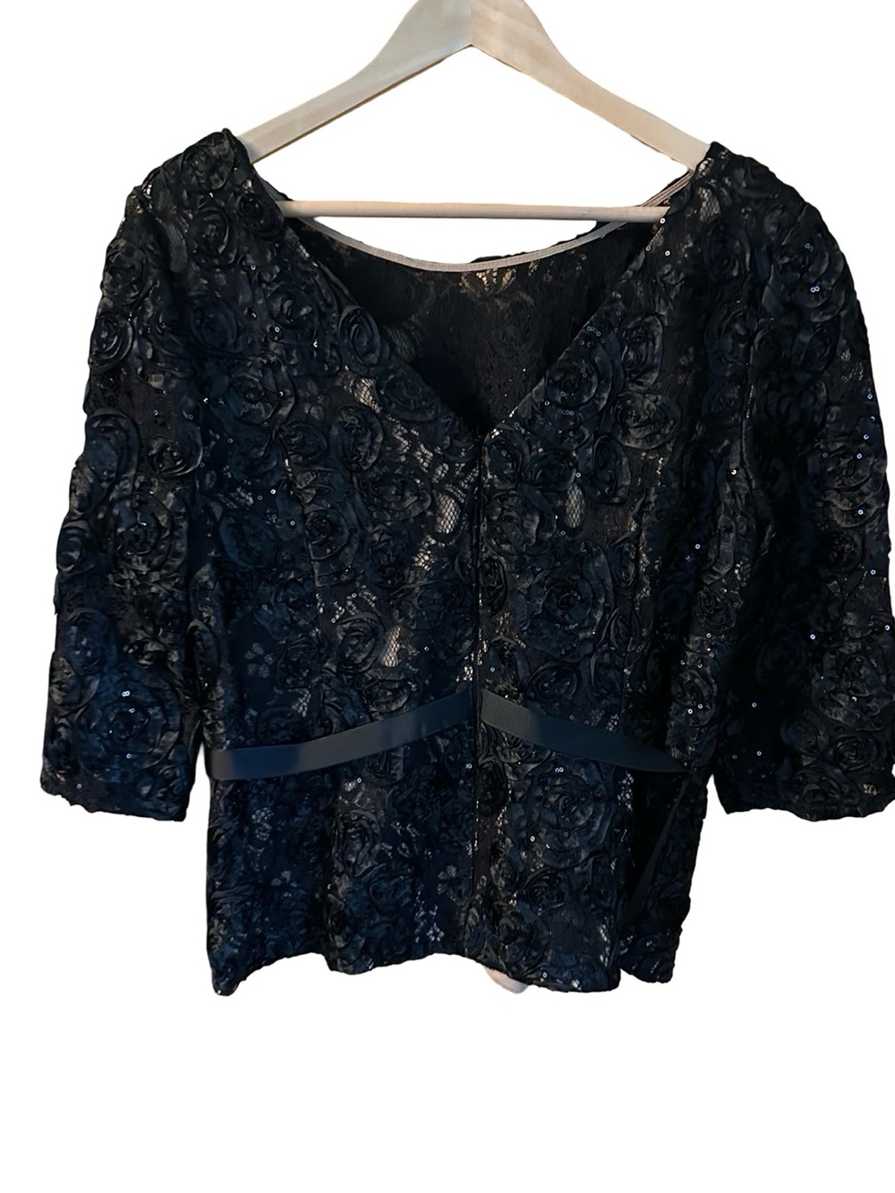 NWT Alex Evenings Floral Lace Tie Front Blouse Black Beige XL - Picture 3 of 9